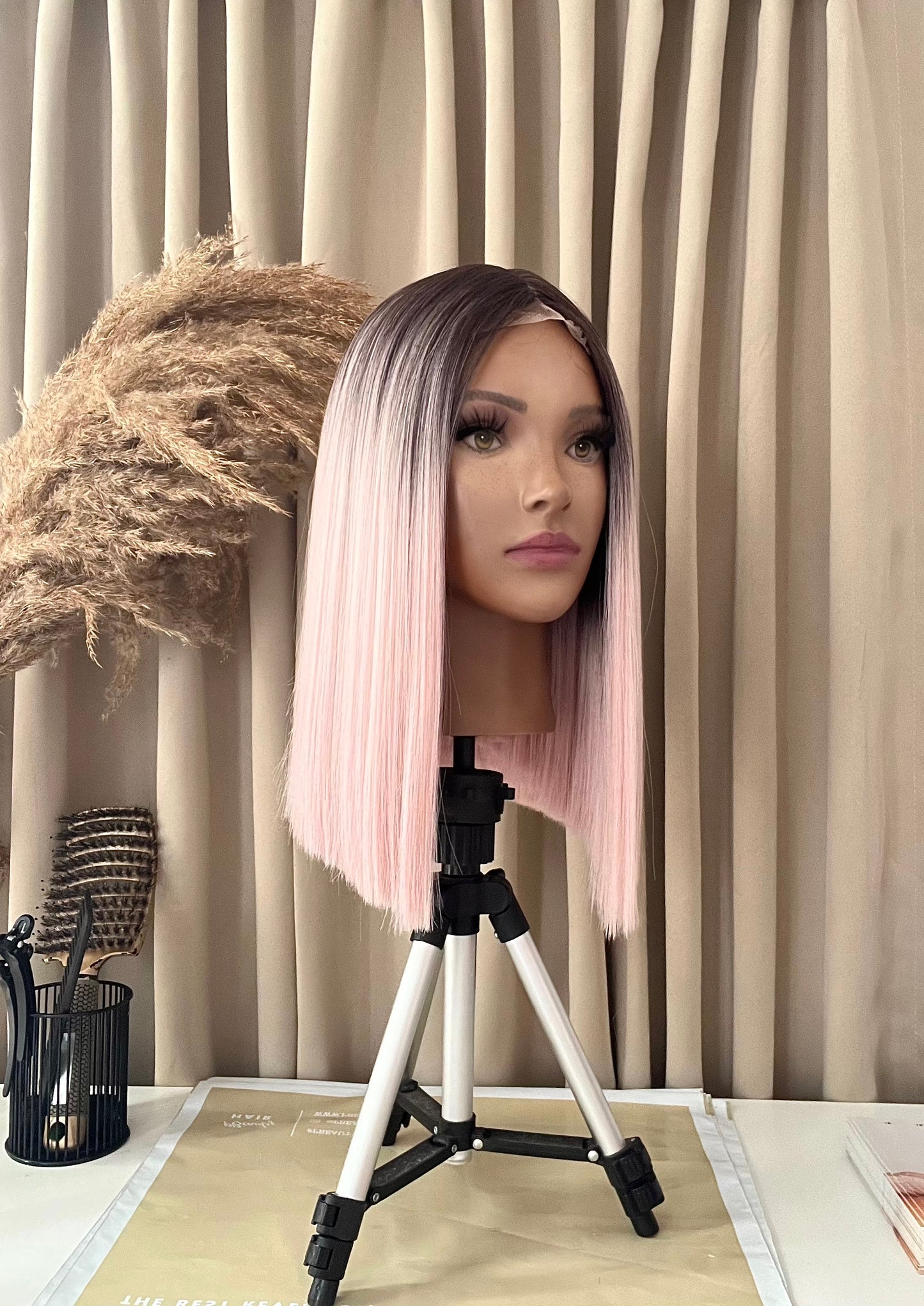 RELLA 14" Pink Long Bob Synthetic Lace Wig