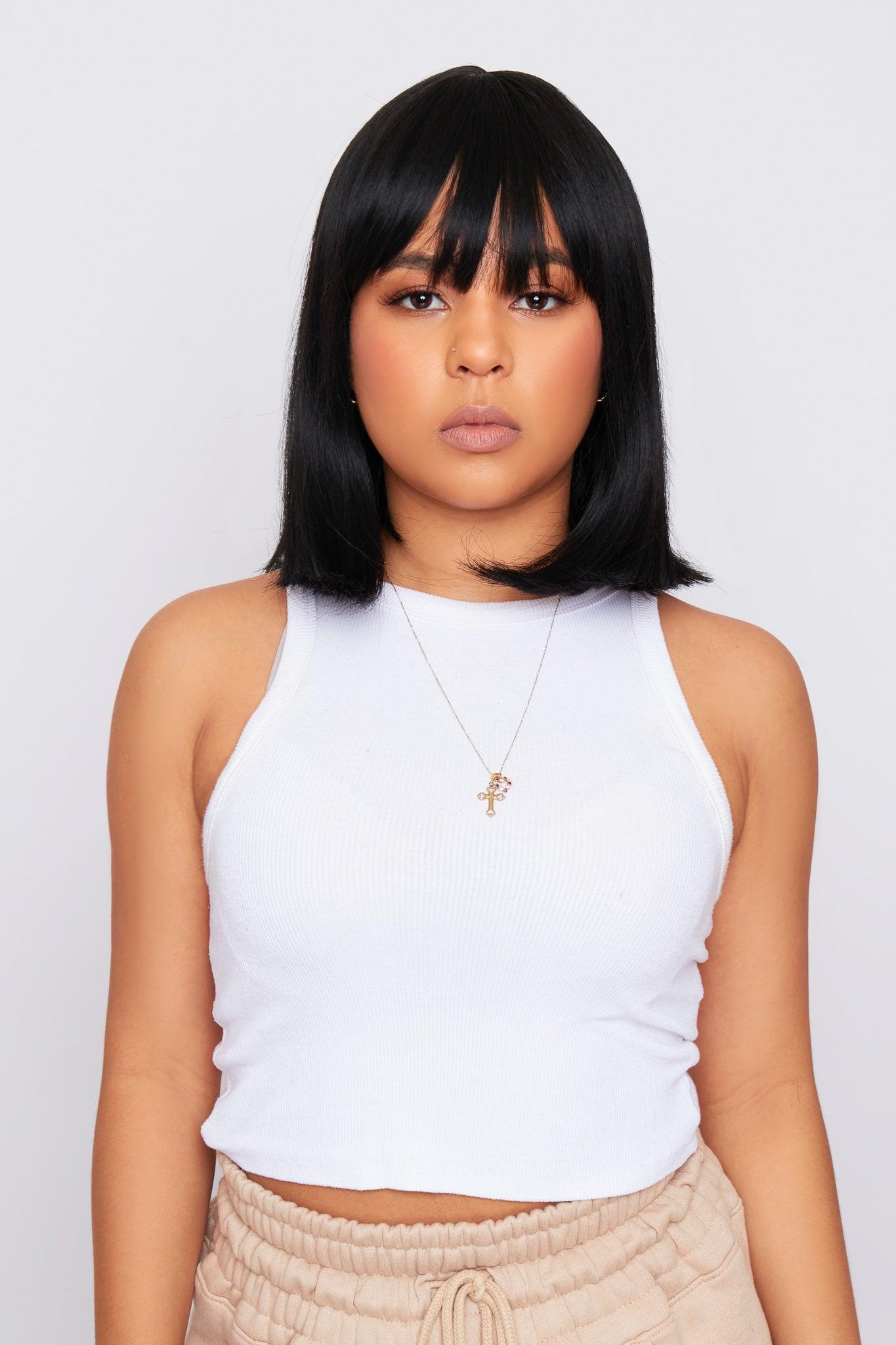 short long bob synthetic hair wig worn by mix race girl