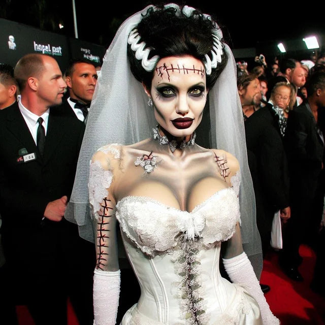 Angelina Jolie's bride of Frankenstein Halloween costume has a combination of classic horror with high-fashion execution, merging a traditional spooky theme with the glamour of a red carpet event making it a memorable Halloween costume.