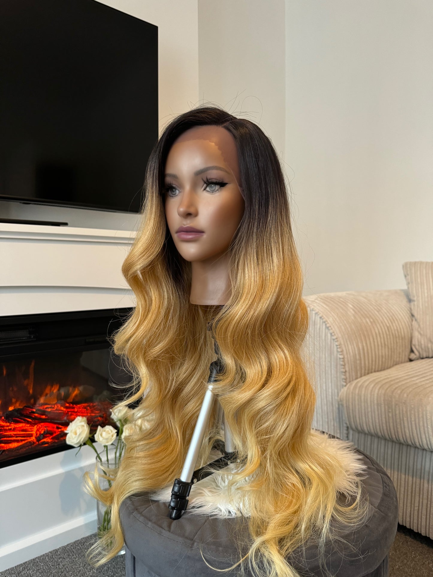 Honey blonde lace front wig with a stunning honey blonde shade and a natural-looking lace base, featuring high-quality synthetic hair