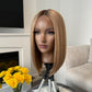 14-inch short honey blonde synthetic wig with lace front, heat resistant