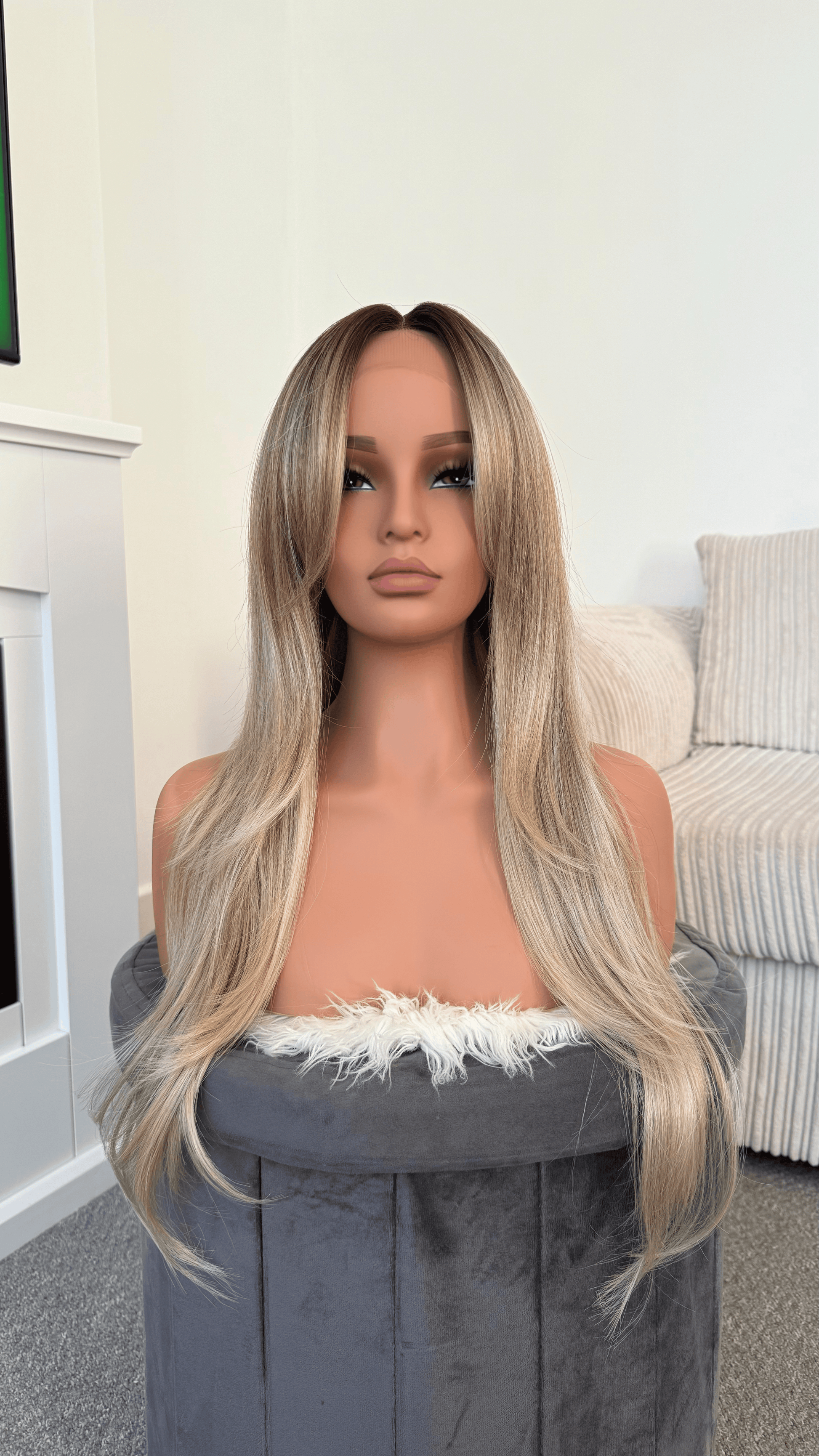 product 26-inch ombre ash blonde lace wig with layered volume and natural gradient.