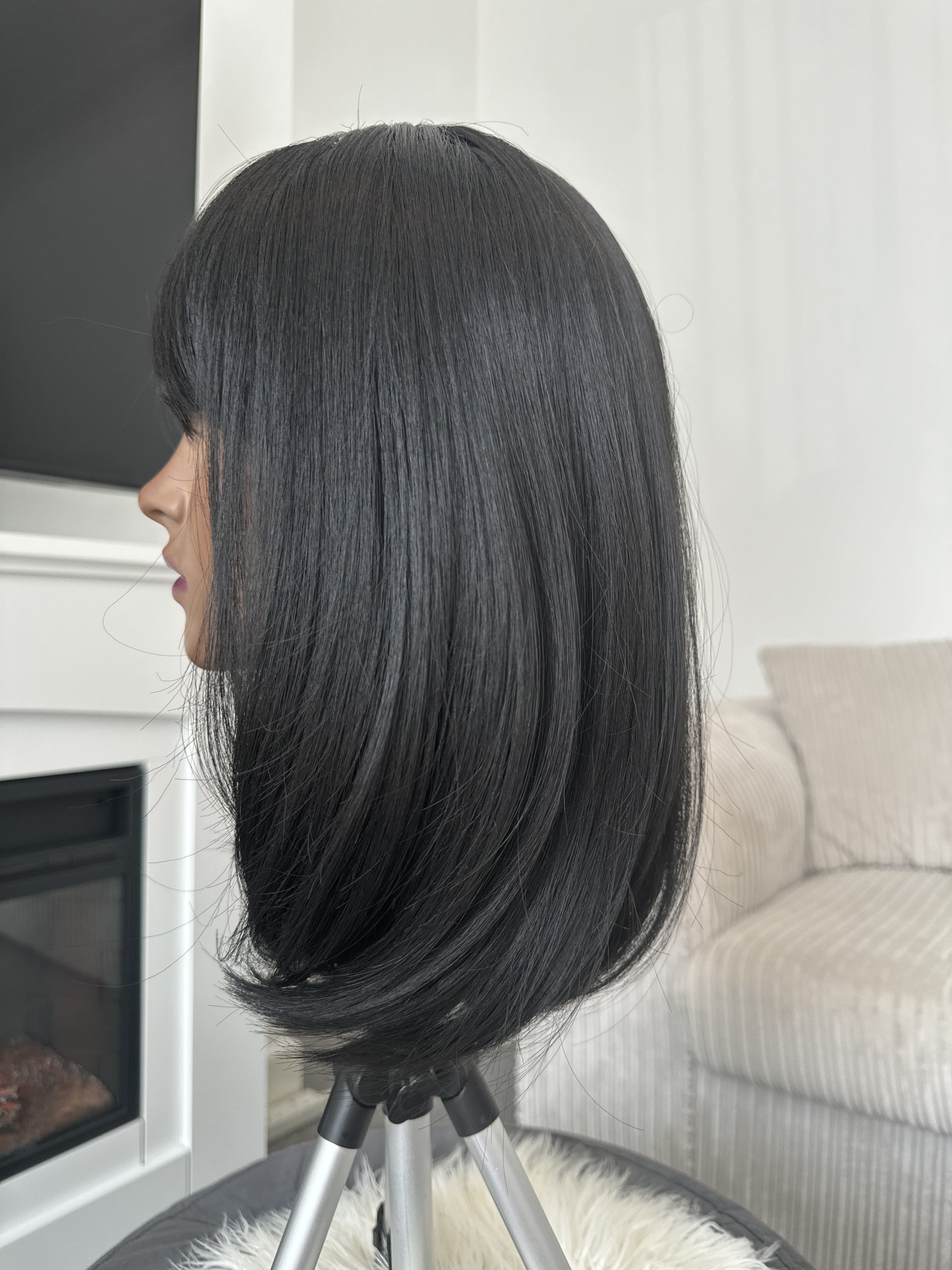 Black synthetic bob wig with offers bangs