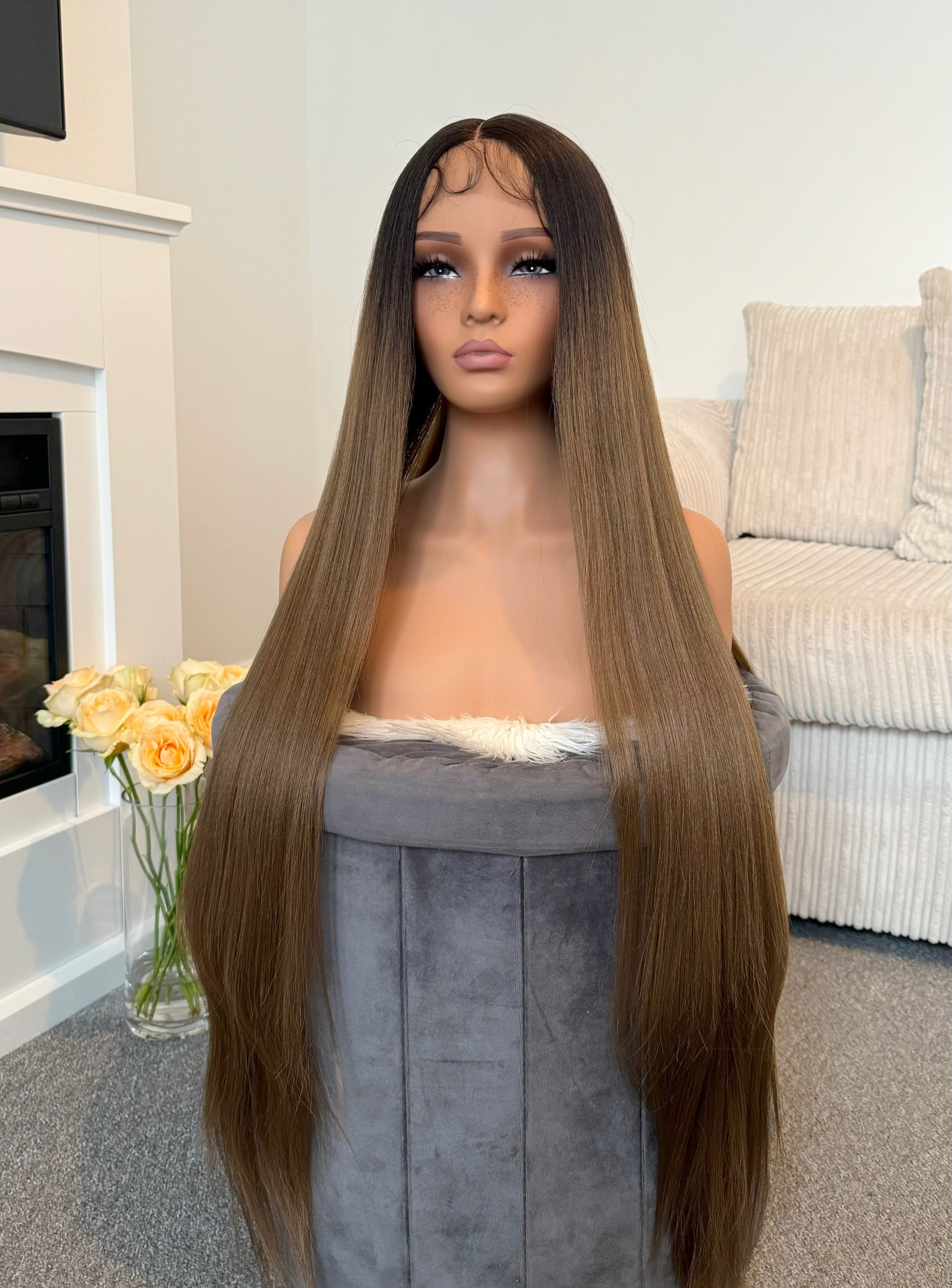 model long brown synthetic hair lace wig