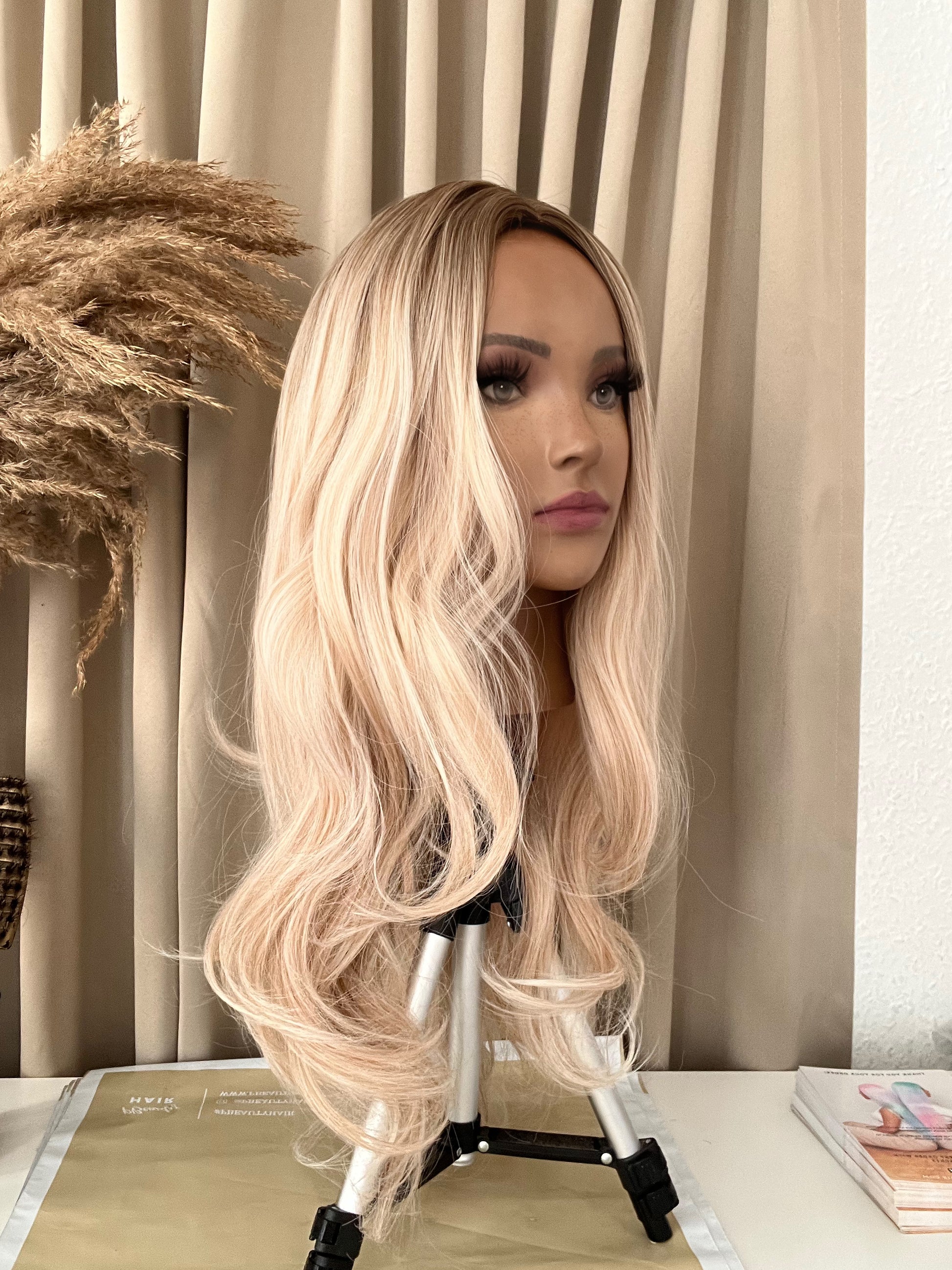 blonde long wavy synthetic no lace wig on mannequin pbeauty hair
