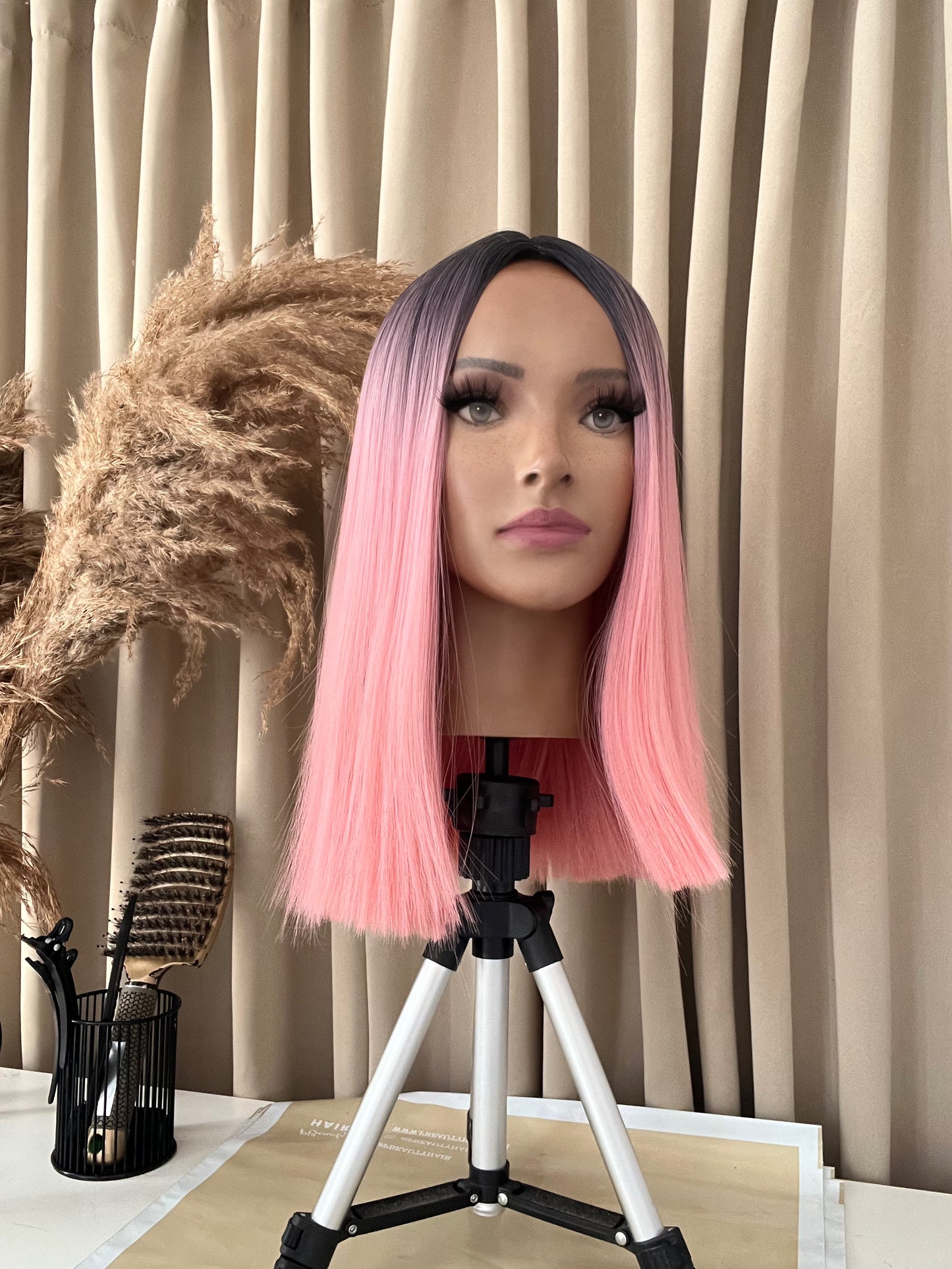 pink long bob synthetic hair wig