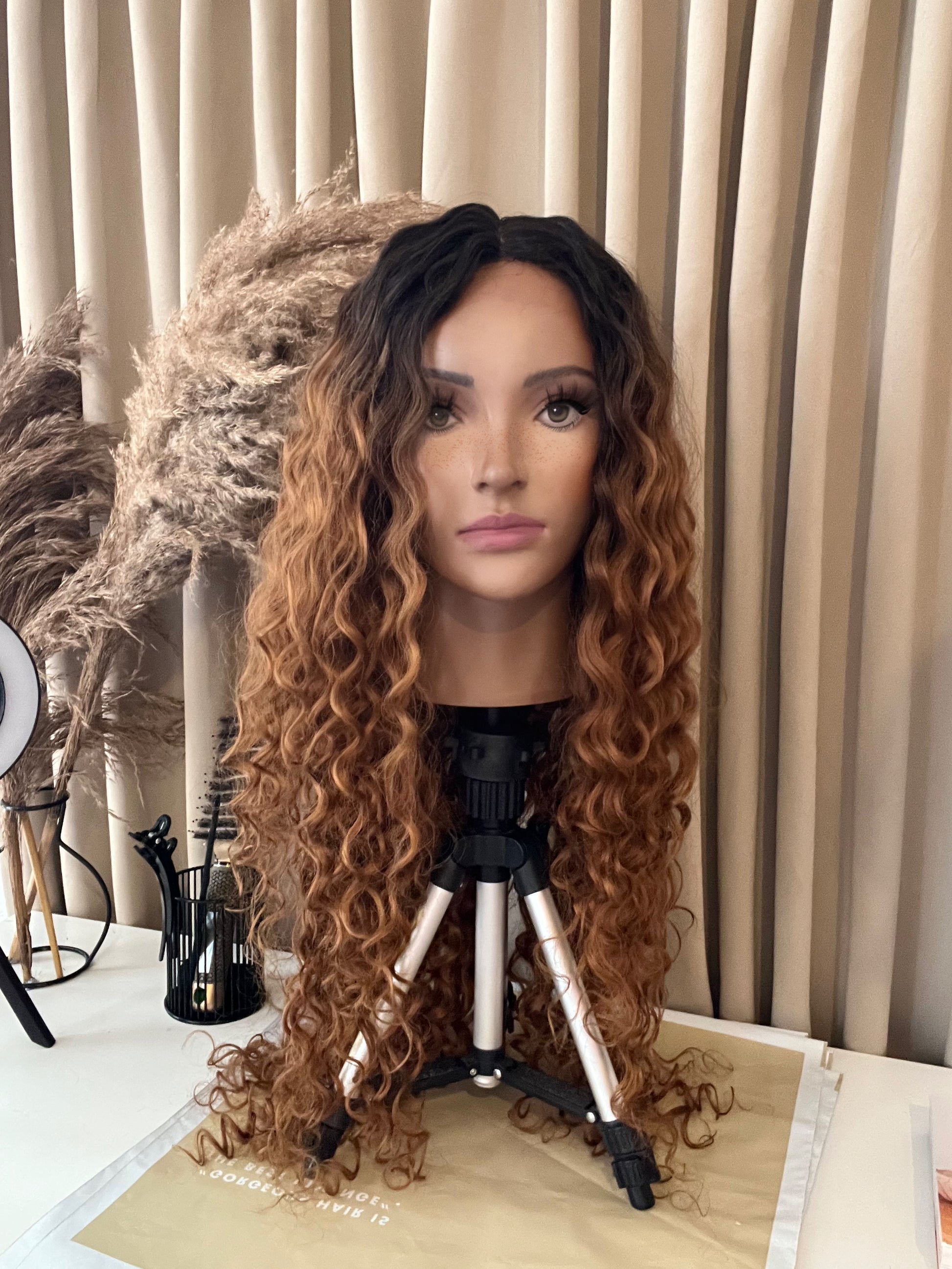 hair products curly hair wig on mannequin lace wig