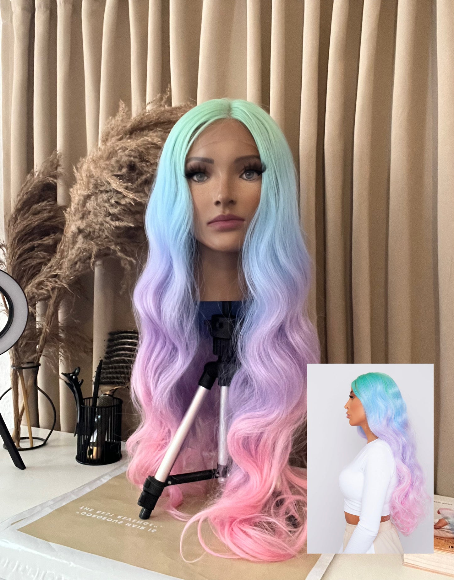 rainbow ombre synthetic hair wig on mannequin