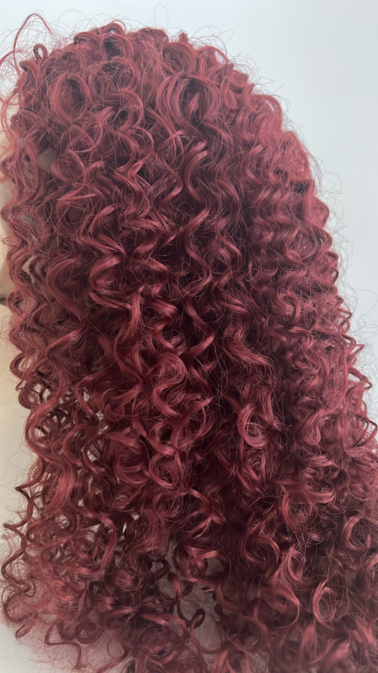 red kinky curly lace front wig on wig mannequin head