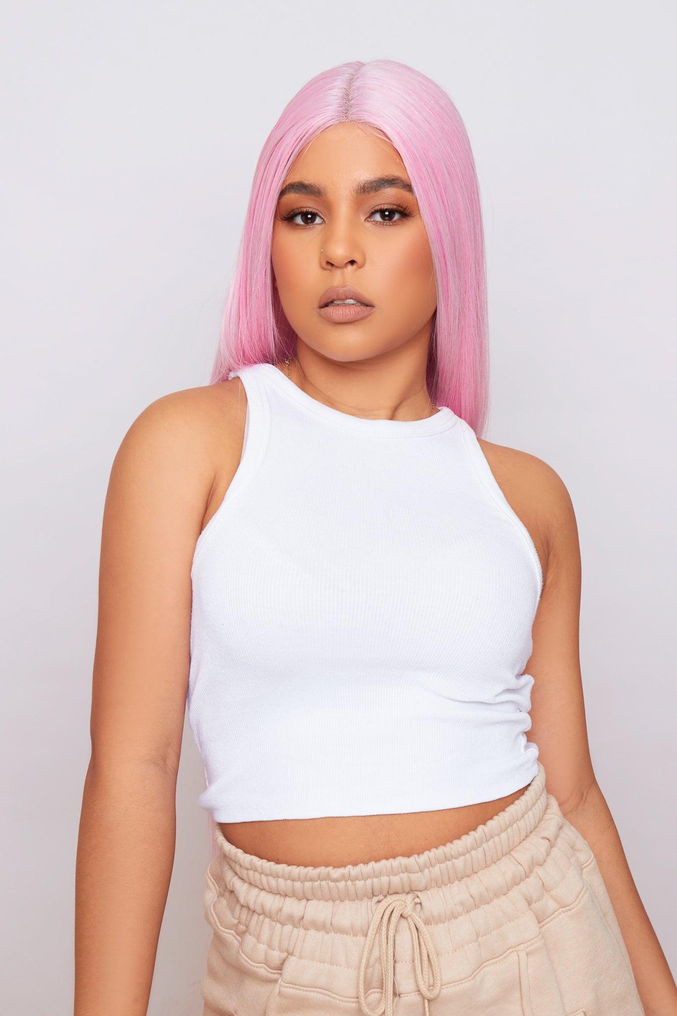 pink synthetic hair lace front long wig