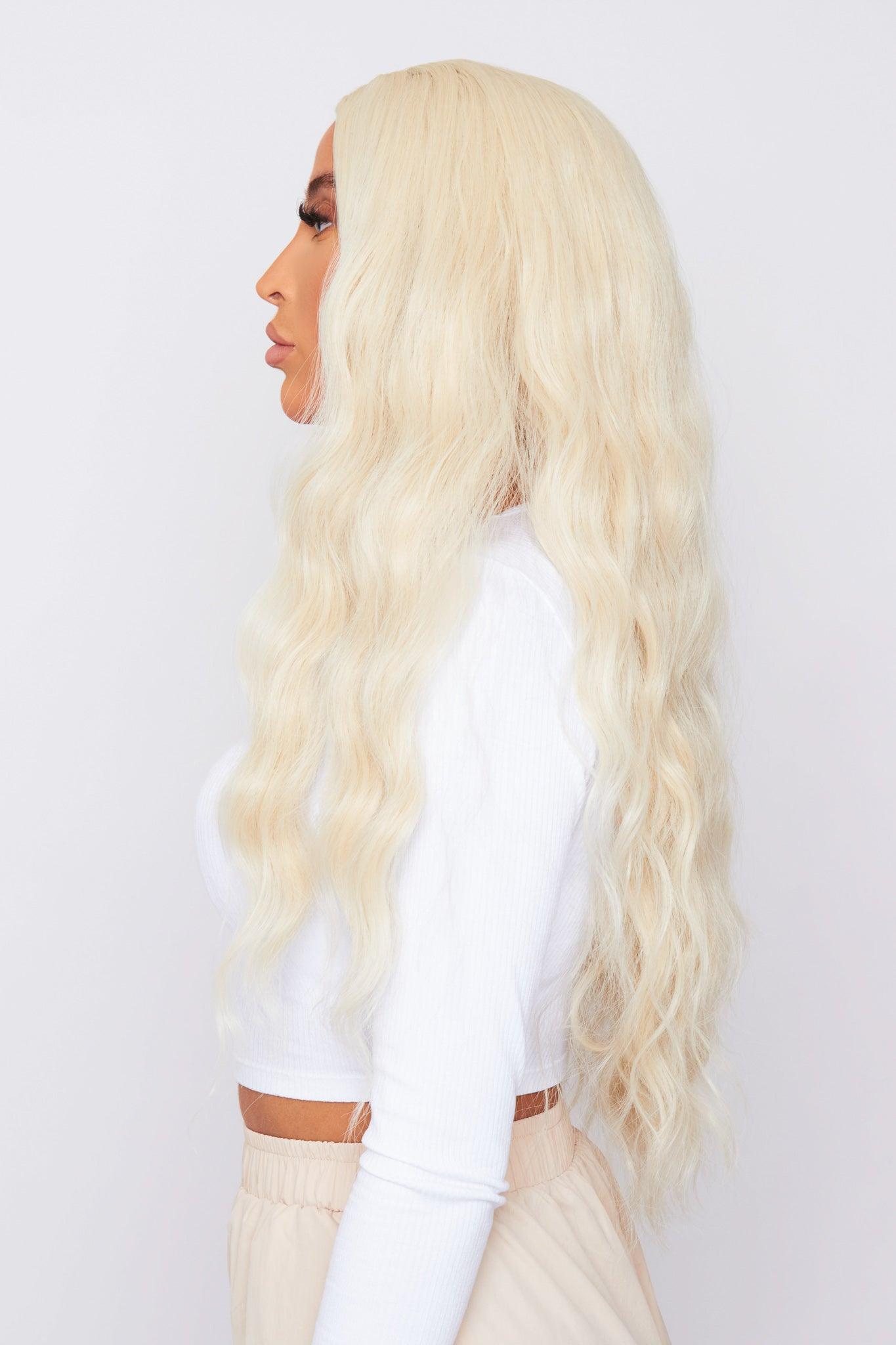 bleach blonde synthetic hair wig being worn by female from hair brand pbeauty hair