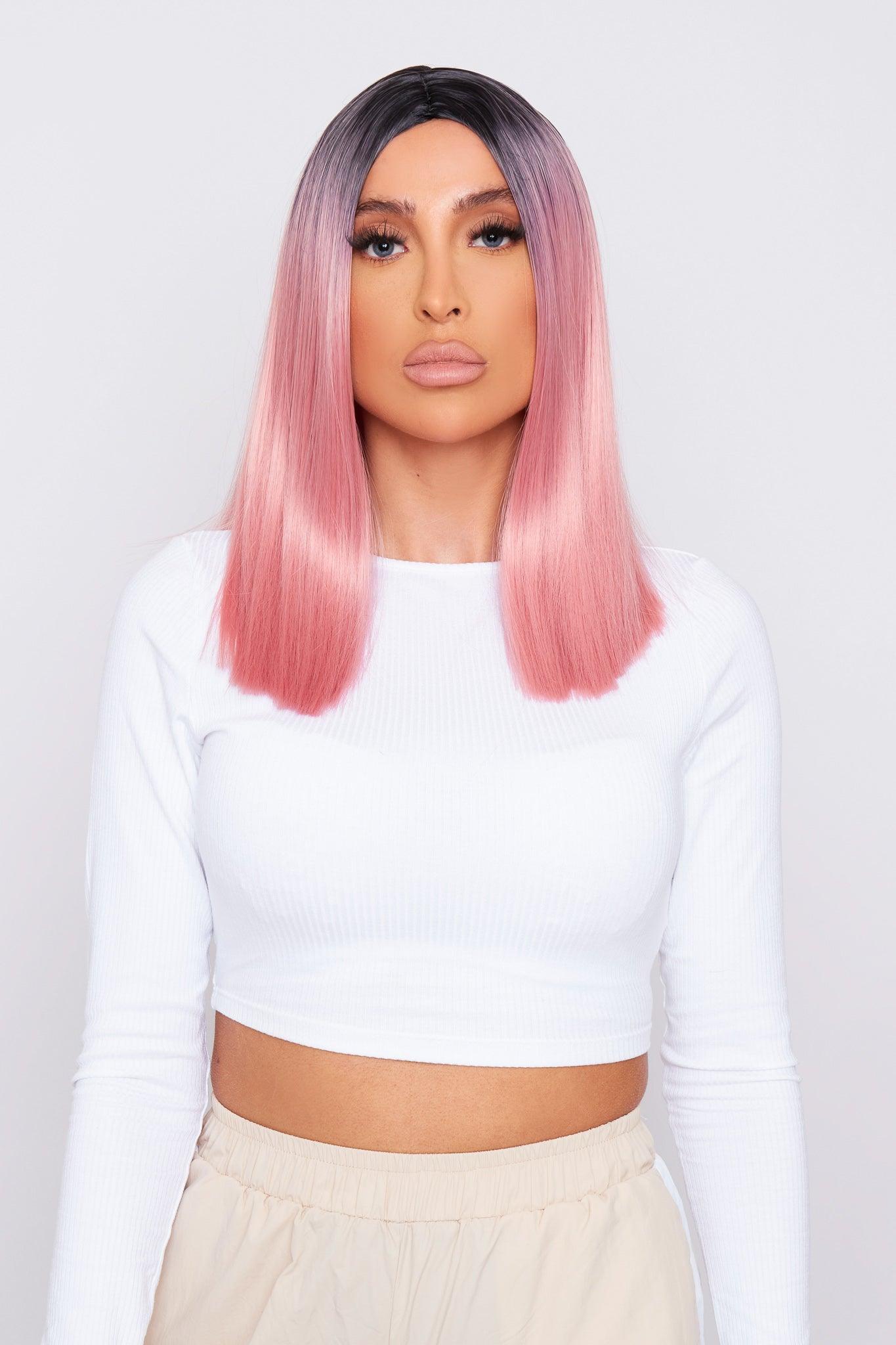 pretty model wearing pink bob wig by pbeauty hair